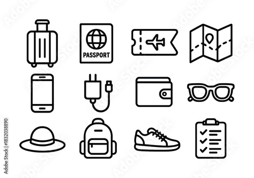 Essential travel icons including suitcase, passport, and map symbols