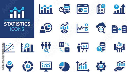 statistics, data, analysis, icons, set, collection, chart, graph, bar chart, line graph, pie chart, analytics, research, magnifying glass, database, server, computer, screen, report, document, checkli