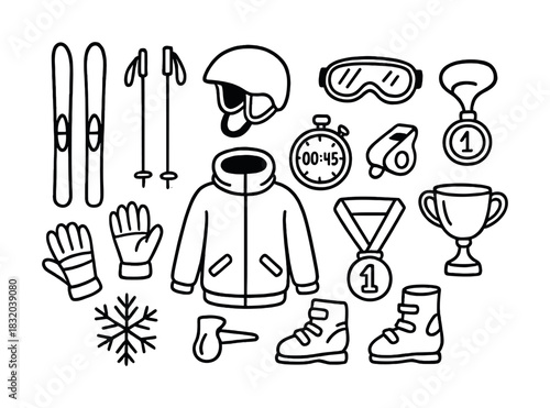 Vector Winter sports gear icons: skiing and snowboarding equipment outline