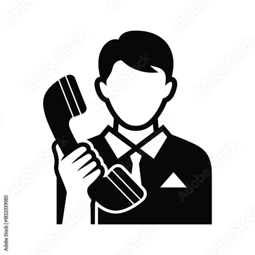 Black and white icon of a man in a suit holding a telephone receiver vector