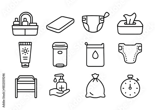 Vector Baby care essentials icons: diaper, wipes, lotion, changing pad, shampoo, timer