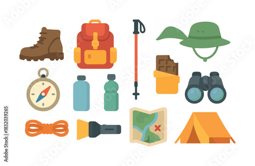 Vector Essential hiking gear collection featuring backpack, boots, compass, and camping equipment