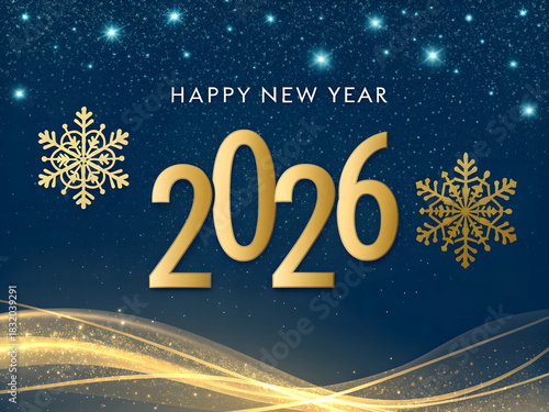 Golden 2026 happy new year celebration with snowflakes and lights