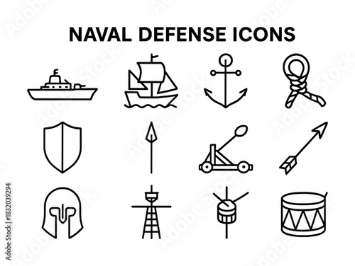 Vector Naval defense icons featuring ships anchors shields arrows and more