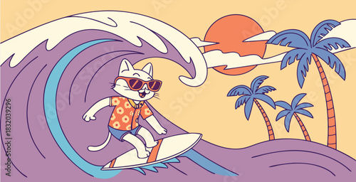 Cartoon kid riding on surfboard sea wave, child surfing water sport teenager surfboard in ocean summer beach holiday vacation swim activity, classy vector illustration original artwork