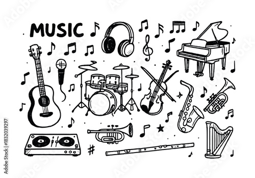 Vector Hand-drawn music instruments with musical notes and symbols