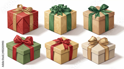 Christmas a collection of six square gift boxes with ribbons and bows in various colors and styles