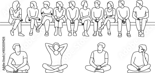Seated people illustration, diverse sitting poses, bench and ground posture, minimalist line drawing, body language study, vector art concept