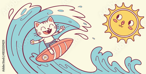 Cartoon kid riding on surfboard sea wave, child surfing water sport teenager surfboard in ocean summer beach holiday vacation swim activity, classy vector illustration original artwork
