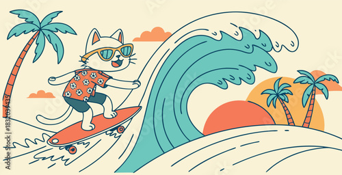 Cartoon kid riding on surfboard sea wave, child surfing water sport teenager surfboard in ocean summer beach holiday vacation swim activity, classy vector illustration original artwork