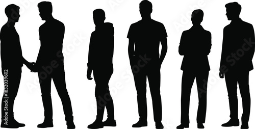 Silhouette interaction illustration, casual and formal attire, handshake pose, body language, vector people, posture concept, stock image