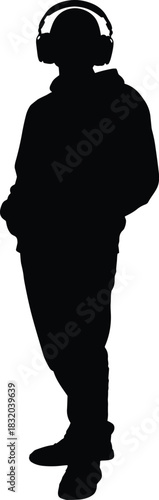 Silhouette person with headphones, casual pose, relaxed stance, music listener, hoodie outfit, vector art, leisure concept, stock image