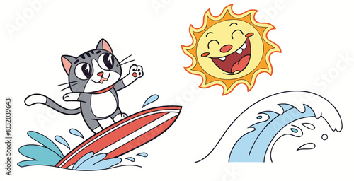 Cartoon kid riding on surfboard sea wave, child surfing water sport teenager surfboard in ocean summer beach holiday vacation swim activity, classy vector illustration original artwork