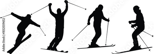 Ski silhouette vector, dynamic skier poses, winter sports illustration, downhill motion graphic, black ski figure set, athletic snow design