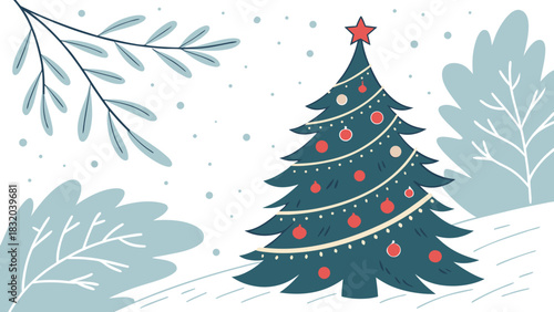 Illustration of a christmas tree decorated with ornaments and a star in a snowy winter landscape