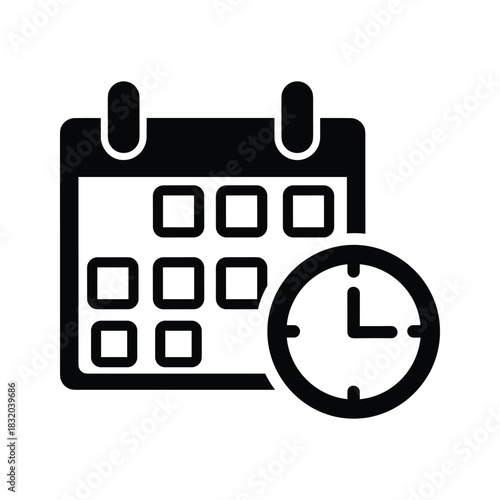 Black calendar icon with clock symbol on white background time schedule