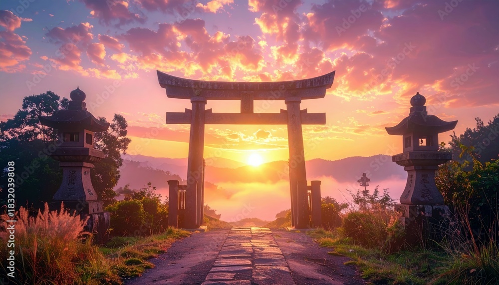 Fototapeta premium A beautiful sunrise scene featuring a traditional Japanese torii gate, stone lanterns, and a pathway leading towards the sun, with a dramatic, colorful sky.