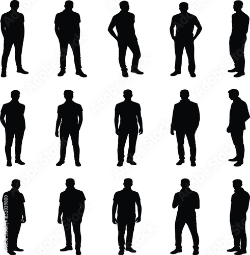 Standing human silhouette poses, posture reference set, gesture drawing template, body stance collection, fashion sketch base, vector illustration pack