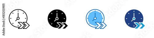 Fast Time Multiple Style Icon Design Vector - clock with forward motion arrows, indicating speed, urgency, fast workflow, or accelerated scheduling
