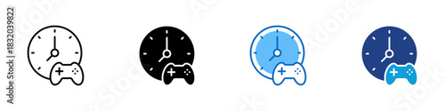 Free Time Multiple Style Icon Design Vector - clock with a game controller, symbolizing leisure, break moments, entertainment, or relaxation time
