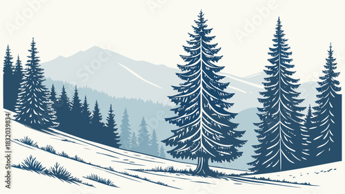 A serene winter landscape featuring evergreen trees and snow covered hills in a muted blue palette