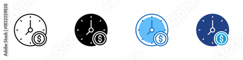 Time Cost Multiple Style Icon Design Vector - clock with a dollar sign symbol representing time value, cost, or billing rate