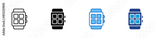 Smartwatch Multiple Style Icon Design Vector - smartwatch with digital grid layout, symbolizing wearable technology, alerts, tracking, and modern time management