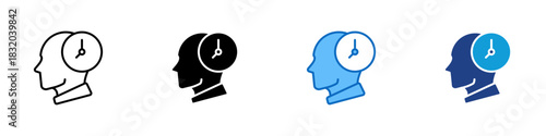 Thinking Time Multiple Style Icon Design Vector - head with a clock symbolizing idea processing, focus time, planning, brainstorming, or deep thinking
