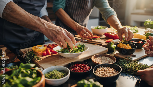 Close up of chefs hands mixing fresh green salad with vegetables on wooden cutting board in kitchen.