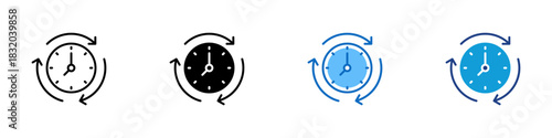 Time Cycle Multiple Style Icon Design Vector - clock surrounded by circular arrows, symbolizing rotation, repetition, routine, or recurring processes