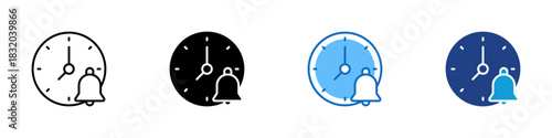 Time Reminder Multiple Style Icon Design Vector - clock with a notification bell symbol representing alerts, reminders, and scheduled events