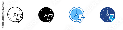 Time Rush Multiple Style Icon Design Vector - fast moving clock with a lightning symbol representing urgency, pressure, fast deadlines, and rushing time