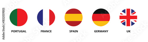 Circular European Country Flags Vector Set: Portugal, France, Spain, Germany, and UK Icons