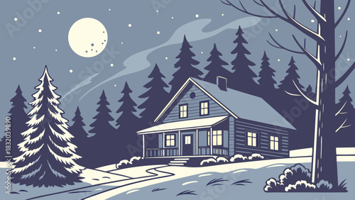 Illustration of a cabin in the woods at night with a full moon and snow covered ground and trees around it