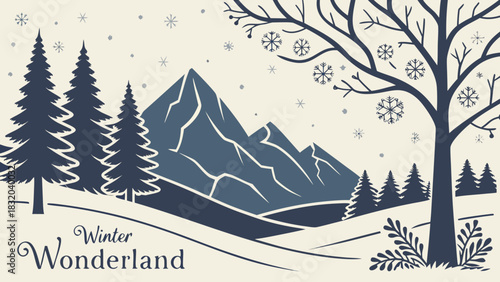 Illustration of a winter landscape with mountains, trees, and snowflakes falling in a serene scene