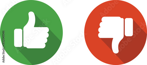 Thumbs up down icons, feedback symbols, green red circles, flat design, approval disapproval graphic, rating buttons, opinion vector