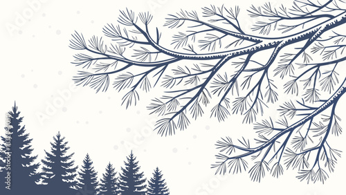 Illustration of pine trees and branches with falling snow on a white background design art