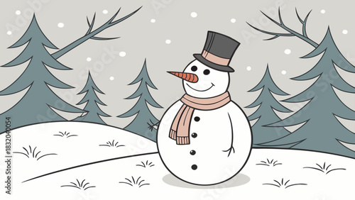 Illustration of a snowman with a hat and scarf standing in a snowy forest landscape scene drawing