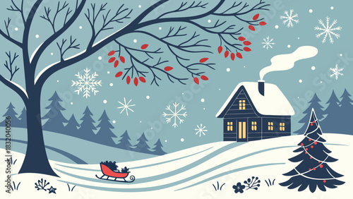 Winter scene with cabin, christmas tree, snow, and a sleigh under a tree with red berries falling snow