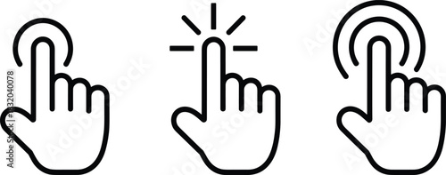 Touch gesture icons, tap press hold, user interface symbol, mobile interaction, black vector, digital UI, screen control graphic