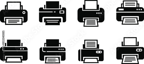 Collection of black and white printer icons in a grid layout