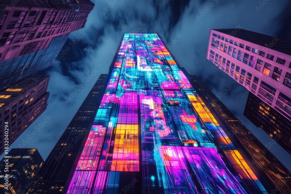 Naklejka premium Building covered in vivid neon street art and bright patterns