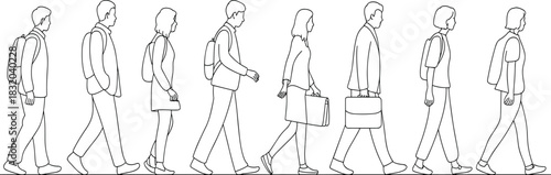 Walking people outline, urban commute, diverse attire, pedestrian motion, backpack and briefcase, vector sketch, stock image, social behavior