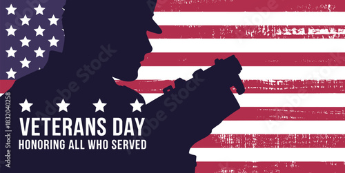 Veterans Day tribute graphic, soldier silhouette, American flag background, patriotic design, military honor poster, remembrance illustration