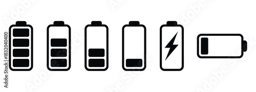 Monochrome battery charge level indicator icons, including various power levels, critical low alerts, charging signs, and clean minimal shapes for mobile ui, smartwatch layouts