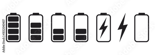 Monochrome battery charge level indicator icons, including various power levels, critical low alerts, charging signs, and clean minimal shapes for mobile ui, smartwatch layouts