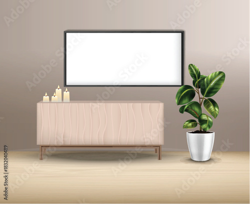 The Living room interior has a cabinet for a TV and a decorative