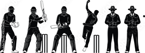 Black and white illustration of cricket players and umpires in action sport game