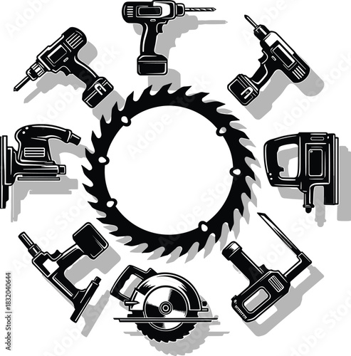 Black and white illustration of various power tools arranged in a circle around a circular saw blade