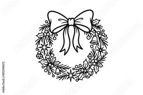 Black and white Christmas wreath with bow holly berries bells and stars line art illustration.